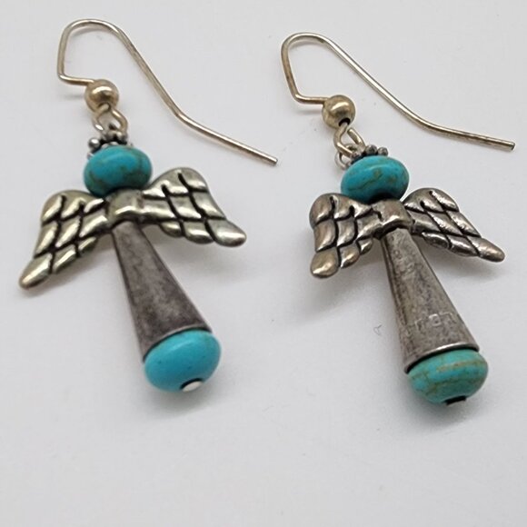 Angel Wing Turquoise & Silver Drop Earrings With Hook Backs - Picture 2 of 4